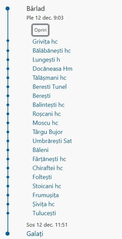 Bahnhöfe und Haltepunkte der Bahn (TFC - Transferoviar Călători) von Bârlad nach Galați